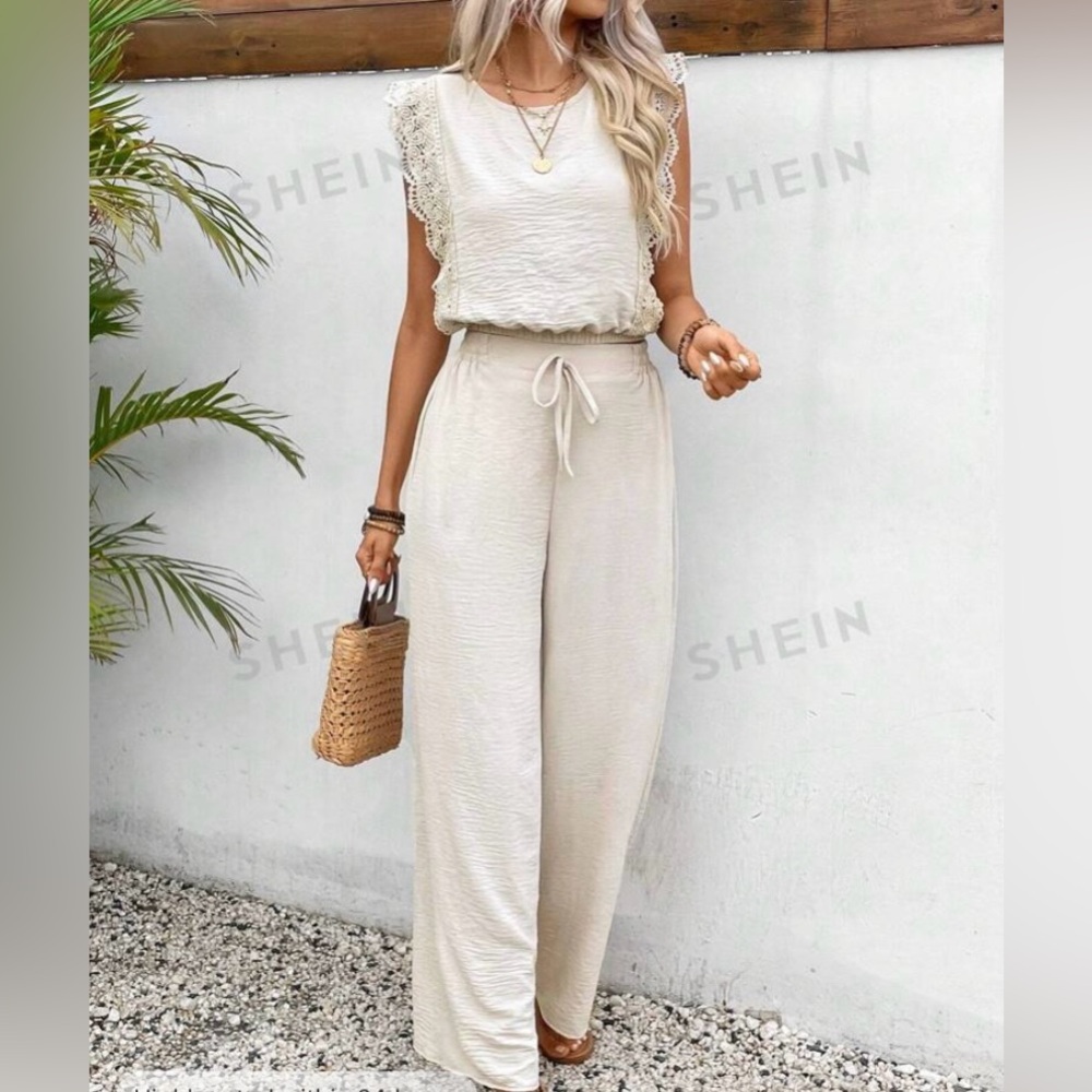 SHEIN Sleeveless Cropped Lace Top With Pants 2pcs/Set